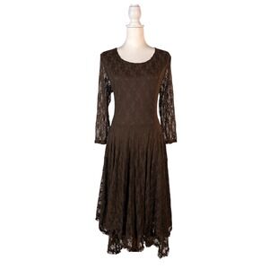 Back In The Saddle Brown Lace Dress Women's L Western Boho Midi Cowgirl Chic